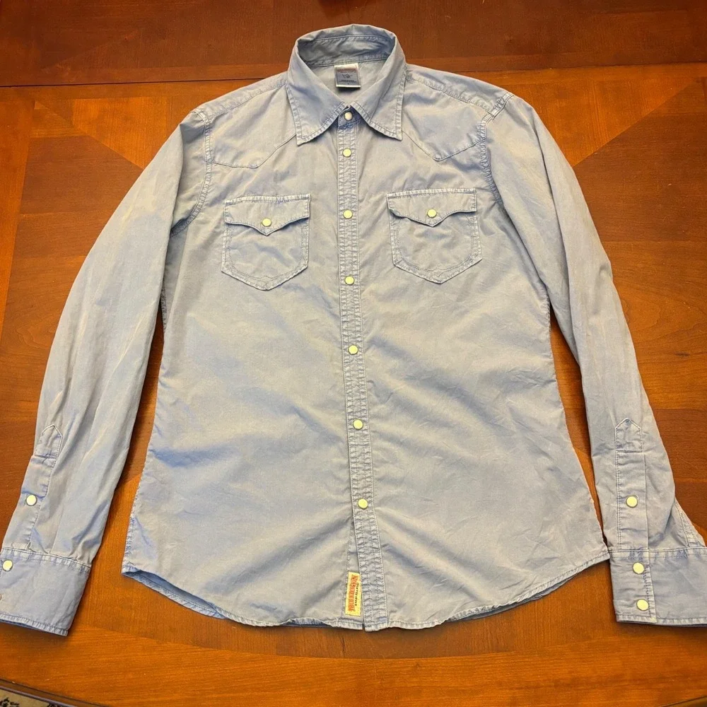 True Religion | Mens S | Western Pearl Snap Shirt Light Blue Cotton Long Sleeve